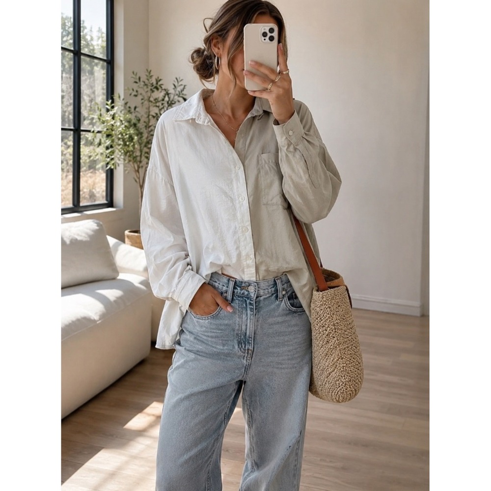 Pistola Two Tone Button Down Shirt Womens Large White Tan Excellent Split Design